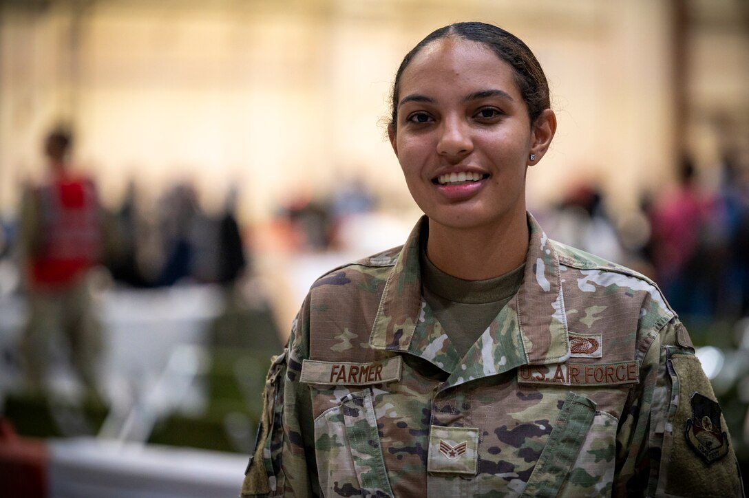 Senior Airman Jasmyn Farmer, 379th Expeditionary Comptroller Squadron budget analyst, poses for a photo Aug. 25, 2021, at Al Udeid Air Base, Qatar.