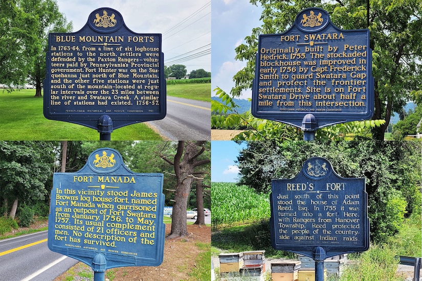 Four Pennsylvania Historical and Museum Commission markers stand in the vicinity of Fort Indiantown Gap, Pa., that detail the history of forts that existed in the area during the French and Indian War. (Photo illustration by Brad Rhen)