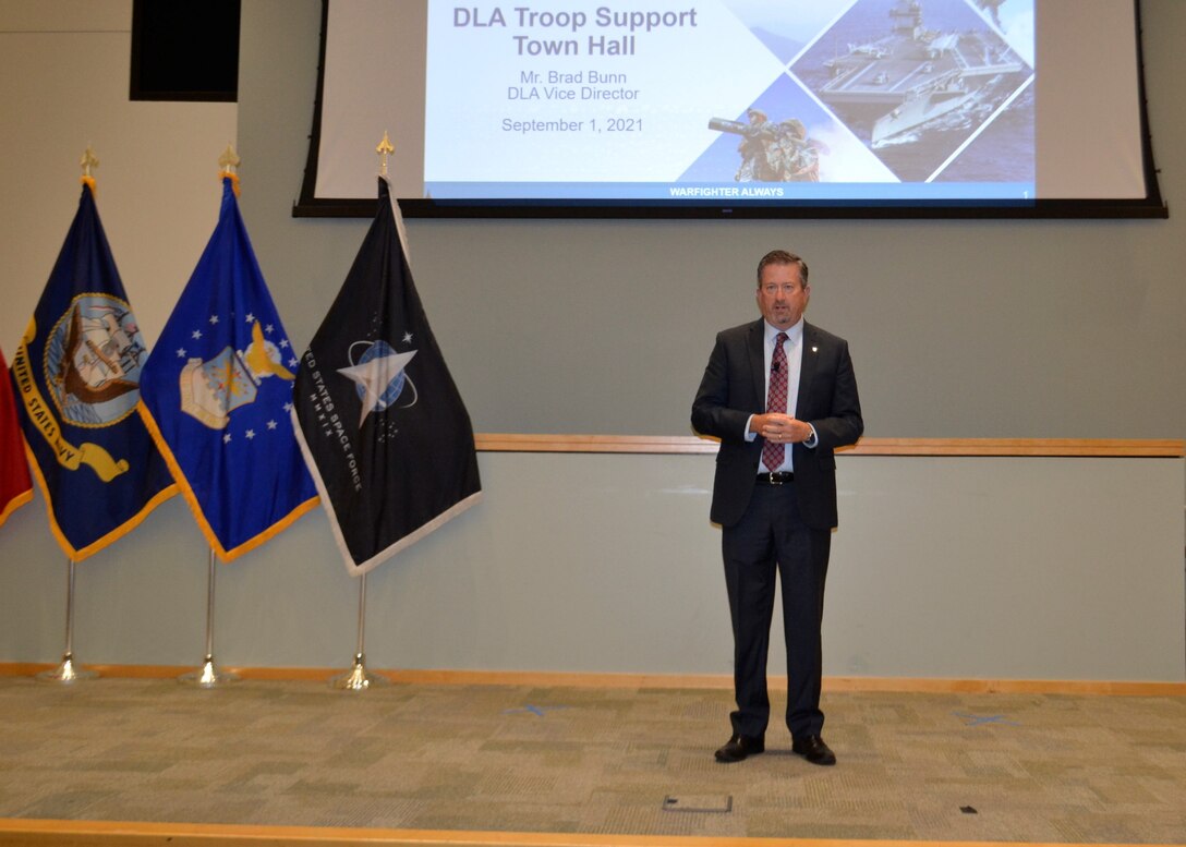 DLA Vice Director Brad Bunn hosts a town hall during a visit to DLA Philadelphia, September 1, 2021, for the first time in his current role. Employees attended the event in-person and virtually.