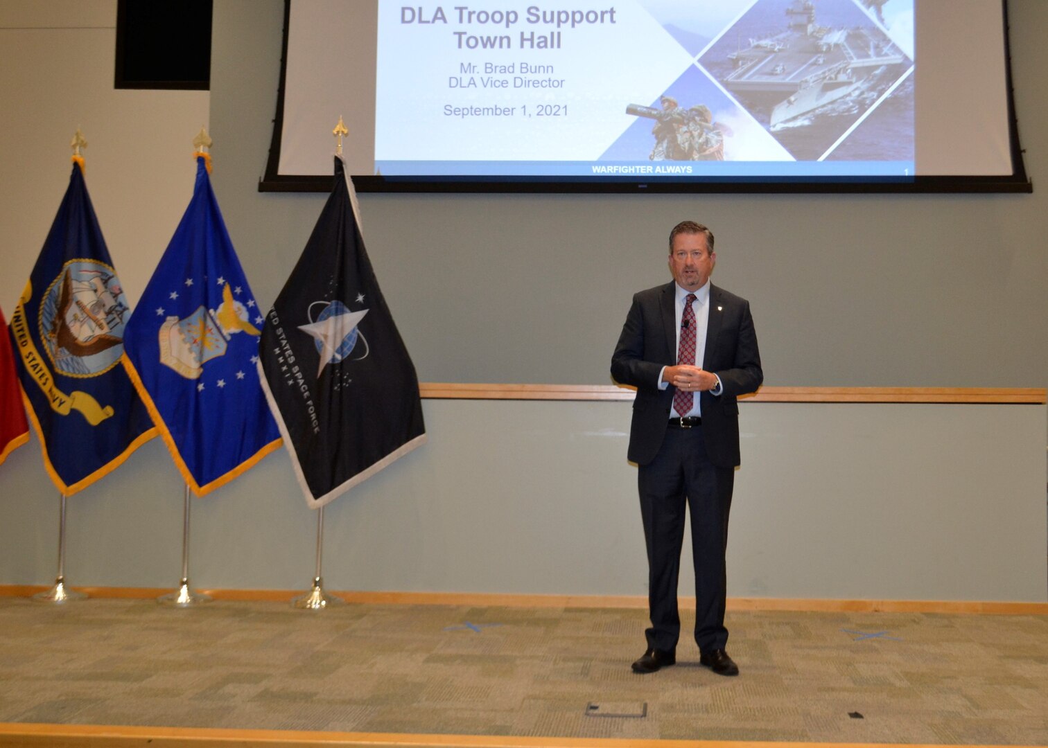DLA Vice Director Brad Bunn hosts a town hall during a visit to DLA Philadelphia, September 1, 2021, for the first time in his current role. Employees attended the event in-person and virtually.