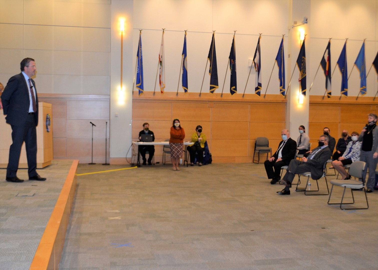 DLA Vice Director Brad Bunn answers employee questions during a town hall he hosted while visiting DLA Philadelphia, September 1, 2021, for the first time in his current role. Employees attended the event in-person and virtually.