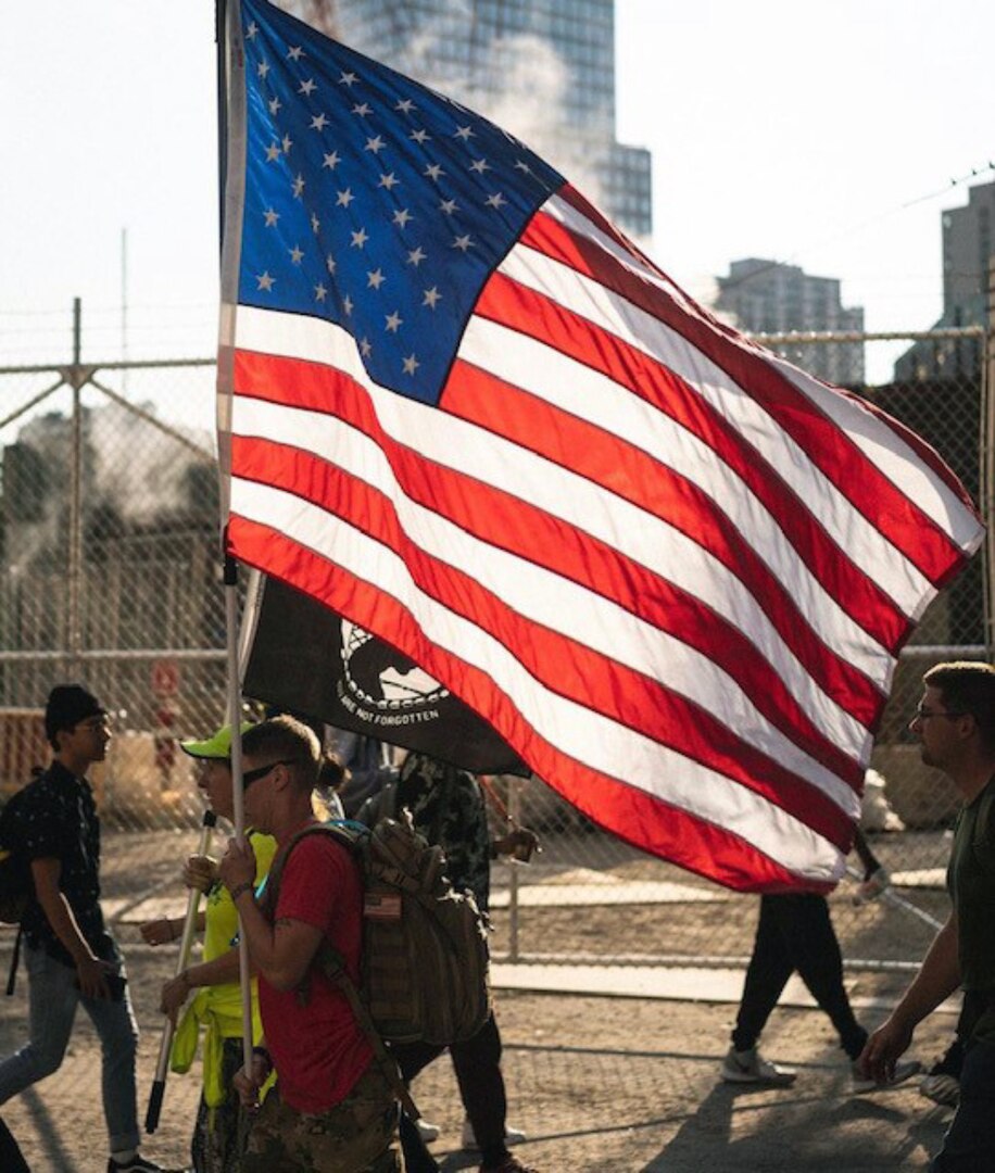 In this 2019 photo, members of the 9/11 Memorial 100 Mile March arrive at the 9/11 Memorial Museum in New York, New York.