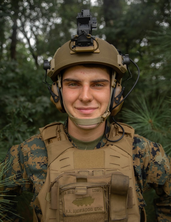 U.S. Marine Corps Lance Cpl. Nicholas Andriaccio, a fire direction controller with 2d Light Armored Reconnaissance Battalion, 2d Marine Division, poses for a photo on Camp Lejeune, N.C., September 2, 2021. “Leadership is an action, not a position,” said the Buffalo, N.Y., native. Andriaccio’s leadership nominated him for Motivator of the Week for his dedication and devotion to go above the call of duty.  This was recently proven when he saved another Marine’s life. His swift action led to the Marine making a full recovery. Andriaccio embodies what it means to be a United States Marine and for these reasons, he is highly recommended for the Motivator of the Week. (U.S. Marine Corps photo by Lance Cpl. Emma Gray)