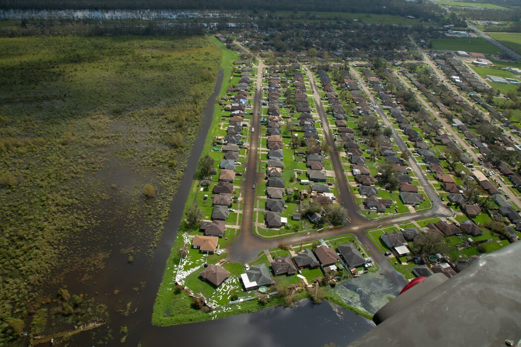 An aerial view of damage left by Hurricane Ida in southeastern Louisiana Sept. 1, 2021.