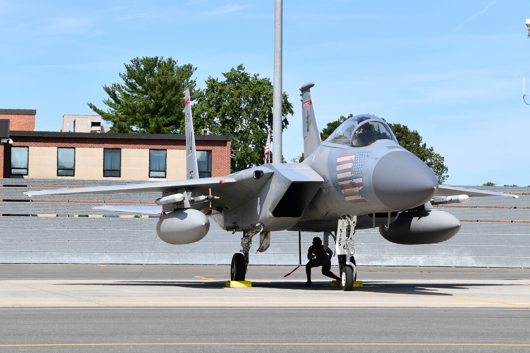 Crew chiefs with the 104th Fighter Wing's Aircraft Maintenance Squadron recieve and process F-15 Eagles during a mobility exercise August 15, 2021, at Barnes Air National Guard Base, Massachusetts. Mobility exercises test the wing's ability to rapidly deploy aircraft, equipment, personnel and cargo. (U.S. Air National Guard photo by Staff Sgt. Hanna Smith)