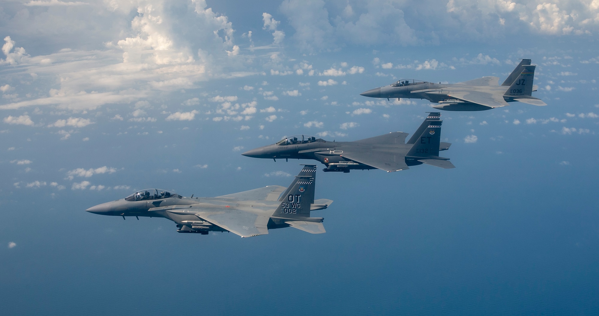 Gen Mark Kelly, Commander of Air Combat Command, leads a two-ship formation of F-15s Eagles from the 53rd Test Wing near Eglin Air Force Base, Fla, Sept. 1, 2021. Gen Kelly, an Eagle pilot for nearly 30 years, flew the Air Force’s newest fighter, the F-15EX Eagle II. (U.S. Air Force photo by Tech. Sgt. John Raven)