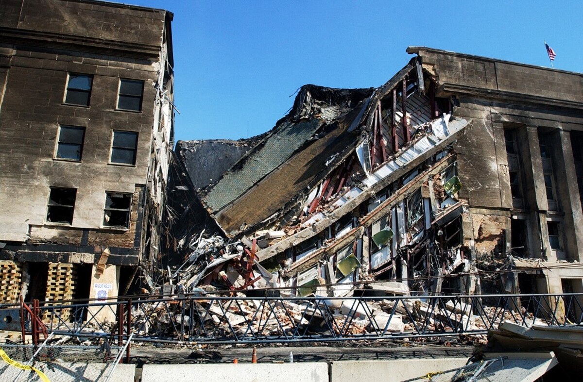 A building lies in ruins.