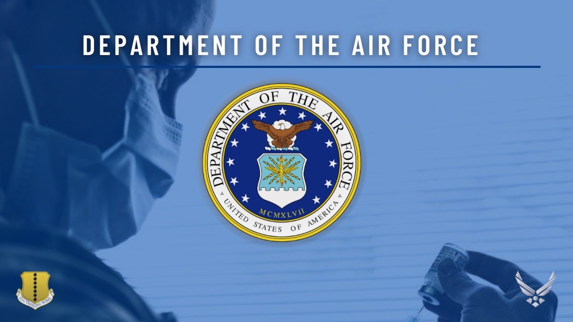 Graphic featuring the Department of the Air Force Story regarding  mandatory COVID vaccine implementation guidelines for Airmen, Guardians