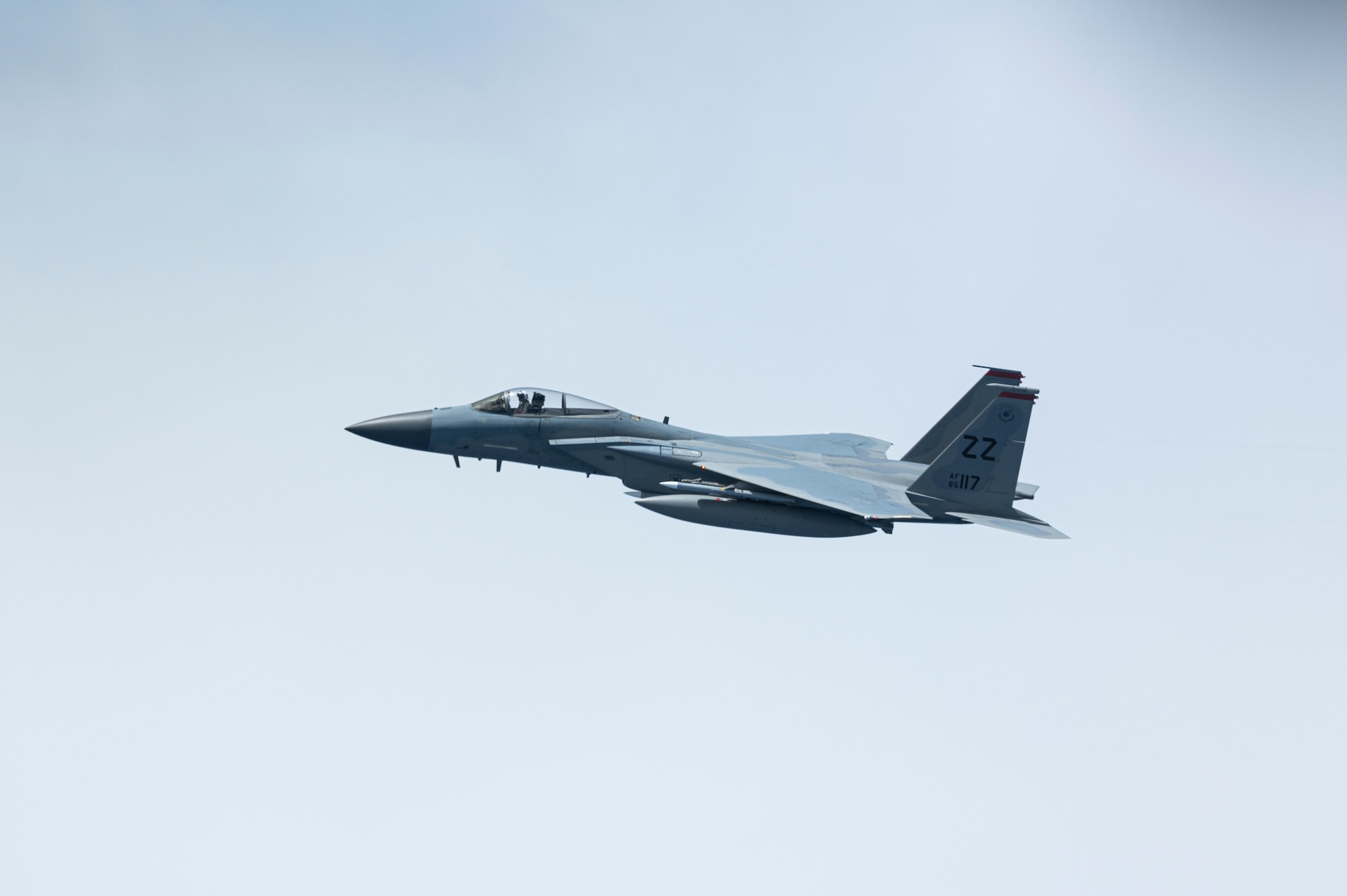 A U.S. Air Force F-15C Eagle, assigned to the 18th Wing, Kadena Air Base, Japan, escorts a U.S. Air Force B-52H Stratofortress, assigned to the 2nd Bomb Wing, Barksdale Air Force Base, Louisiana, during a Bomber Task Force mission over the Indo-Pacific region, Sep. 5, 2021. This deployment allows aircrew and support personnel to conduct theater integration and to improve bomber interoperability with allies and partners. (U.S. Air Force photo by Staff Sgt. Devin M. Rumbaugh)
