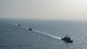 ARABIAN SEA (Sept. 6, 2021) The Pakistan Navy frigate PNS Alamgir (F 260), German Navy frigate FGS Bayern (F 217), and guided-missile cruiser USS Shiloh (CG 67) sail in formation during a passing exercise (PASSEX) in the Arabian Sea, Sept. 6. The exercise included advanced maneuvers and communication drills flexing the crews’ abilities to operate together in a dynamic environment, and test and refine combined command and control processes. (U.S. Navy photo by Mass Communication Specialist 1st Class Rawad Madanat)