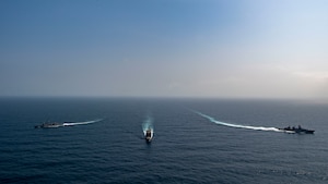 ARABIAN SEA (Sept. 6, 2021) The Pakistan Navy frigate PNS Alamgir (F 260), German Navy frigate FGS Bayern (F 217), and guided-missile cruiser USS Shiloh (CG 67) sail in formation during a passing exercise (PASSEX) in the Arabian Sea, Sept. 6. The exercise included advanced maneuvers and communication drills flexing the crews’ abilities to operate together in a dynamic environment, and test and refine combined command and control processes. (U.S. Navy photo by Mass Communication Specialist 1st Class Rawad Madanat)