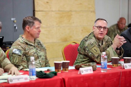 U.S. Army Lt. Gen. Paul T. Calvert, Combined Joint Task Force Operation Inherent Resolve (CJTF-OIR) commander, speaks to ambassadors of joint partner nations during Ambassadors' Day in Baghdad, Iraq.