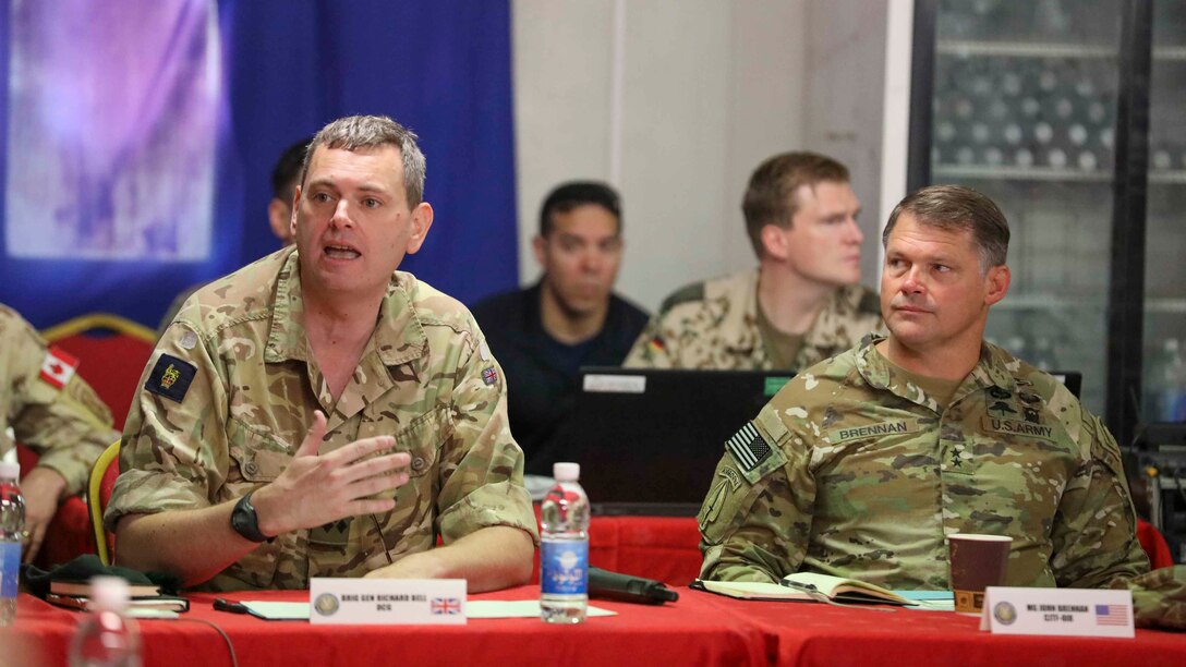British Army Brig. Gen. Richard Bell, Combined Joint Task Force Operation Inherent Resolve (CJTF-OIR) deputy commander, speaks to ambassadors of joint partner nations during Ambassadors' Day in Baghdad, Iraq.