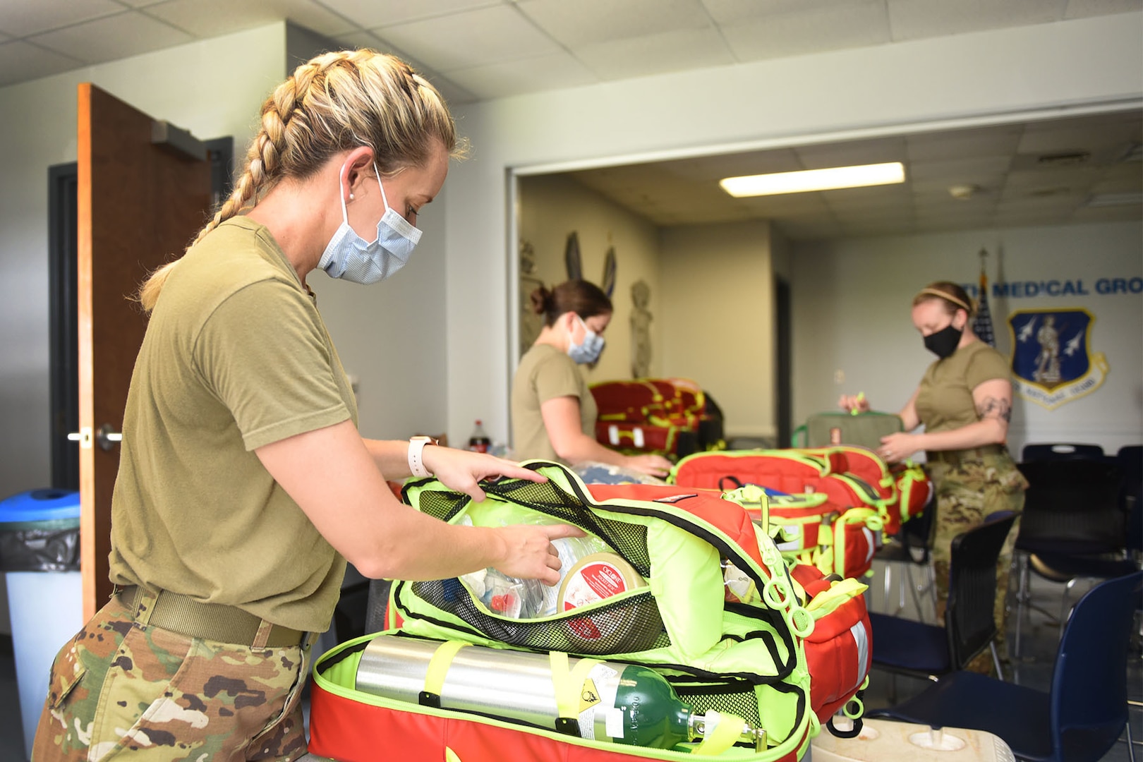 Airmen of the 159th Medical Group perform equipment and inventory checks to ensure proper response to medical emergencies to the aftermath of Hurricane Ida in Belle Chasse, Louisiana, Aug. 31, 2021. The 159th Medical Group maintains mission readiness to be fully prepared to respond to natural disasters.