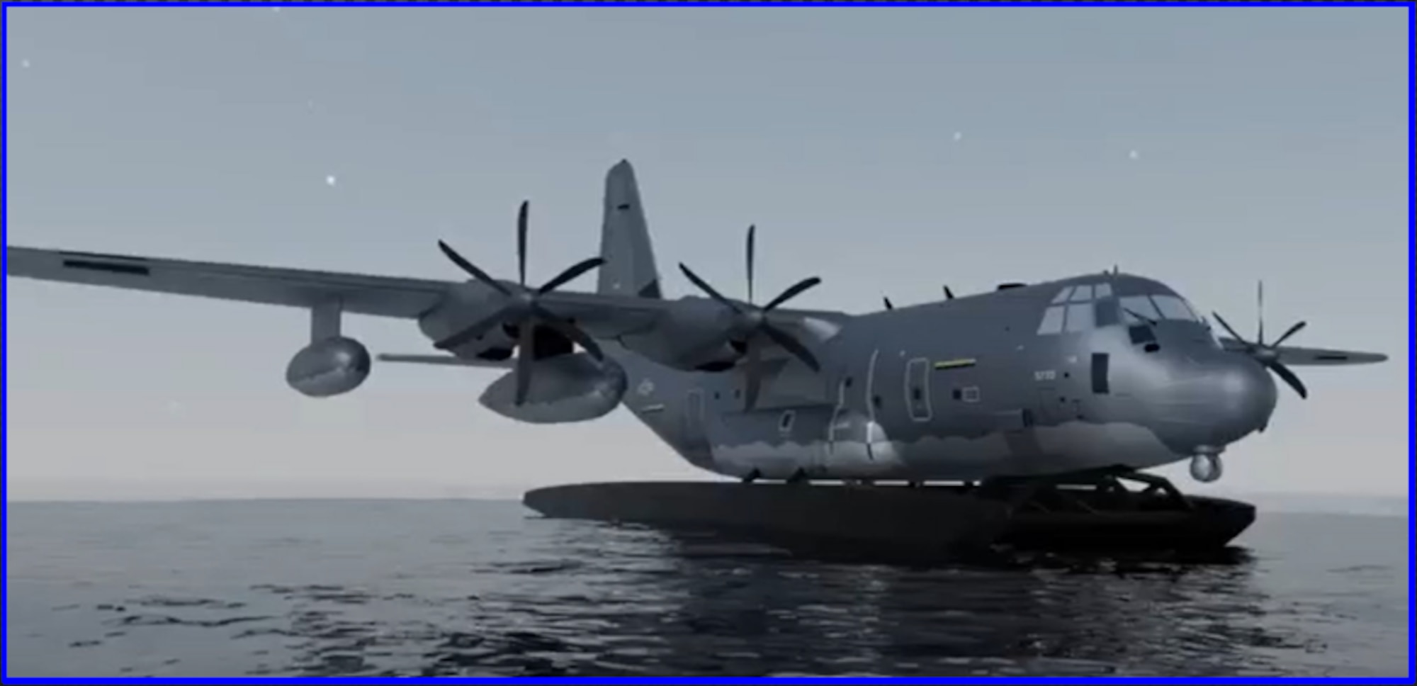 A rendering of a twin float amphibious modification to an MC-130J Commando II is shown here. Air Force Special Operations Command and private sector counterparts are currently developing a Removable Amphibious Float Modification (RAFM) for the MC-130J, allowing aircraft to take off and land in bodies of water and conduct runway independent operations. (Courtesy photo)