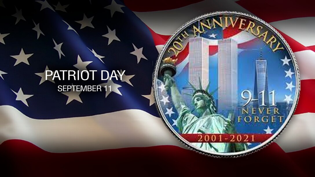 Graphic with the American flag and a logo imposed on top with the statue of liberty and towers of the world Trade Center.