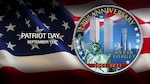 Graphic with the American flag and a logo imposed on top with the statue of liberty and towers of the world Trade Center.