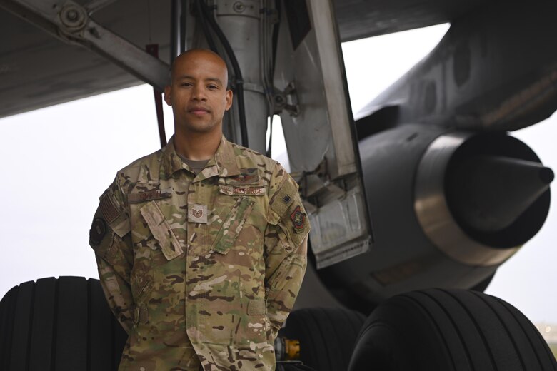 U.S. Air Force Tech. Sgt. Calvin Smith, 9th Air Refueling Squadron flight engineer, assisted in the evacuation operations of eligible foreigners and vulnerable Afghans during Operation Allies Refuge.  Royal Air Force Mildenhall, England, served as a staging area for his crew’s participation in the evacuation. (U.S. Air Force photo by Senior Airman Joseph Barron)