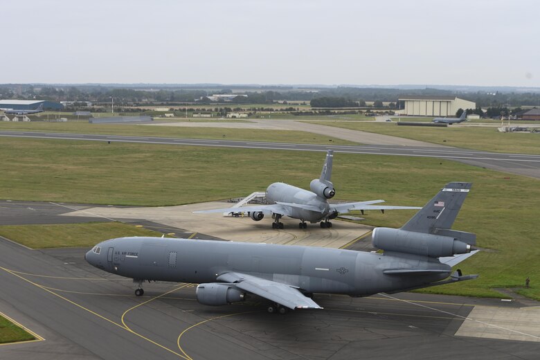 A U.S. Air Force KC-10 Extender aircraft assigned to the 60th Air Mobility Wing, Travis Air Force Base, California, taxis on the flightline at Royal Air Force Mildenhall, England, Sept. 2, 2021. RAF Mildenhall served as a staging area for KC-10s flying missions in support of Operation Allies Refuge. (U.S. Air Force photo by Senior Airman Joseph Barron)