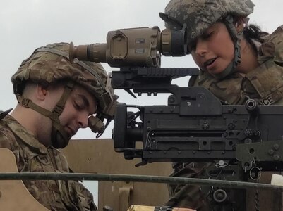 Soldiers with the Vermont National Guard's Headquarters Company, 572nd Brigade Engineer Battalion (Mountain), adjust a new Family of Crew Served Sight Systems at the Camp Ethan Allen Firing Range in Jericho, Vermont. From Aug. 16-20, 2021, Soldiers provided feedback that will be used to further refine the optic before full-rate production in 2023.