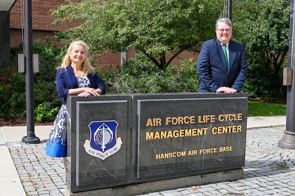 Ellen McDonnell, Air Force Life Cycle Management Center Small Business professional, and Jeff Emmons, AFLCMC Small Business Programs director at Hanscom Air Force Base, Mass., pose for a photo at Hanscom AFB, Sept. 2. McDonnell was named the Air Force’s Small Business Professional of the Year for 2020 and Emmons was awarded the Department of Defense’s 2020 Tracey L. Pinson Small Business Professional of the Year award.  (U.S. Air Force photo by Mark Herlihy)