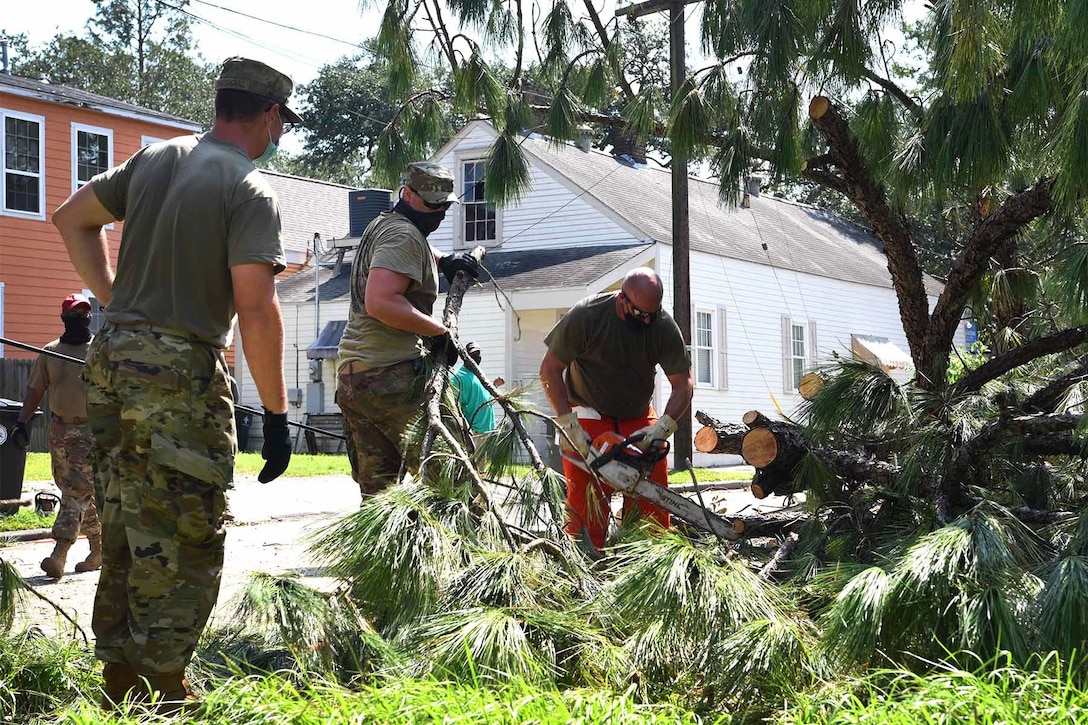 Service members cut limbs from a downed tree by a roadway.