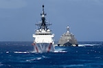 160624-N-MZ309-365 PACIFIC OCEAN (June 24, 2016) Legend-class cutter USCGC Stratton (WMSL 752) and littoral combat ship USS Coronado (LCS 4) steam in formation while transiting to Rim of the Pacific 2016. Twenty-six nations, more than 40 ships and submarines, more than 200 aircraft and 25,000 personnel are participating in RIMPAC from June 30 to Aug. 10, in and around the Hawaiian Islands and Southern California. The world’s largest international maritime exercise, RIMPAC provides a unique opportunity that helps participants foster and sustain the cooperative relationships that are critical to ensuring the safety of sea lanes and security on the world’s oceans. RIMPAC 2016 is the 25th exercise in the series that began in 1971. (U.S. Navy photo by Mass Communication Specialist 1st Class Ryan Riley/Released)