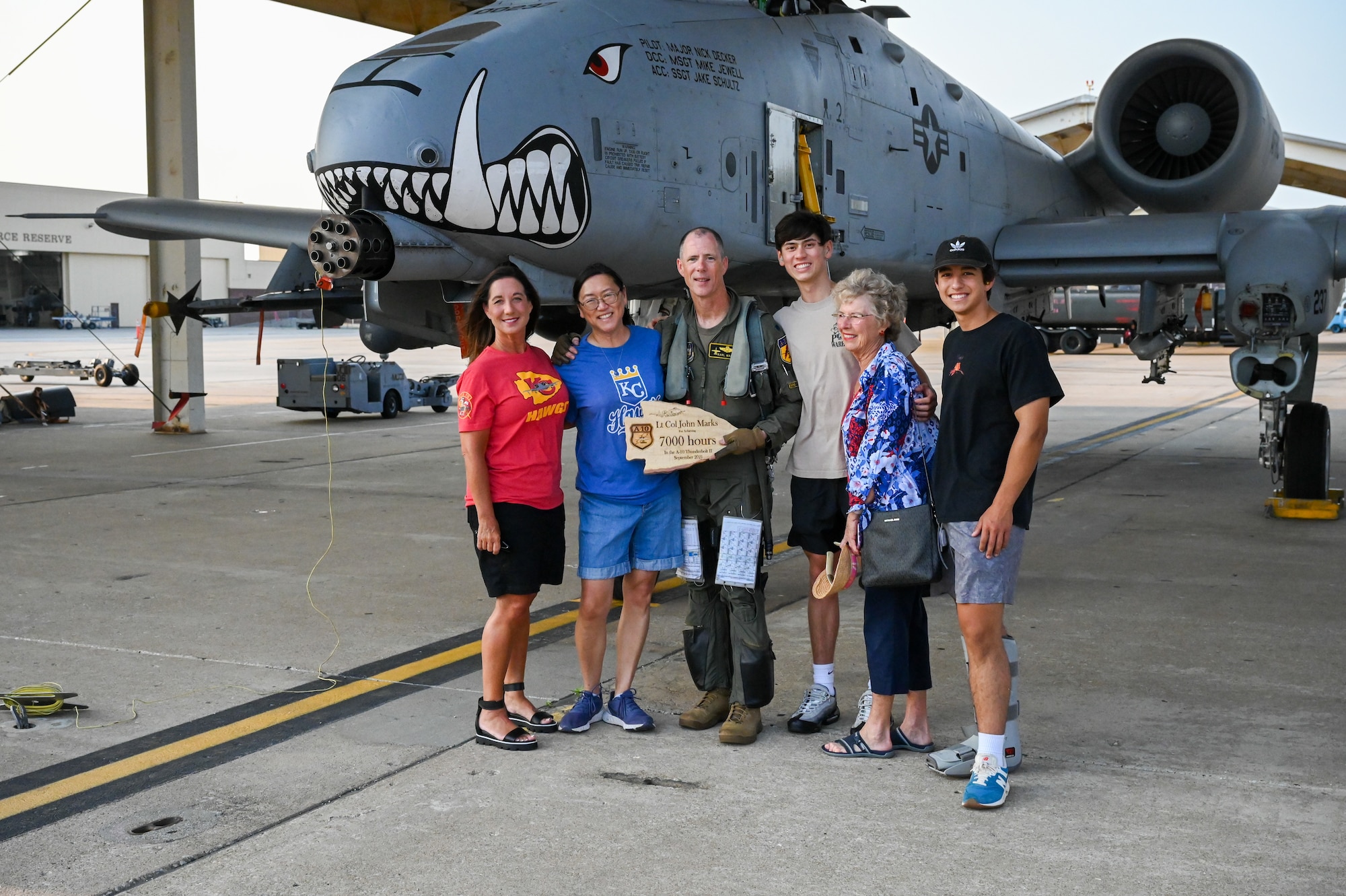 Lt. Col. John “Karl” Marks and his immediate family celebrate his 7,000 hour milestone of flying the A-10C Thunderbolt II on Sept. 1, 2021 at Whiteman AFB, Mo.