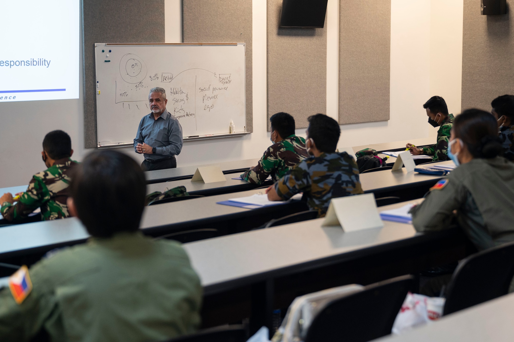 Mateo Gonzalez, an instructor at the Inter-American Air Forces Academy at Joint Base San Antonio-Lackland, Texas, teaches an Aircraft Maintenance Officer Course Event at Andersen Air Force Base, Guam, Aug. 12, 2021.