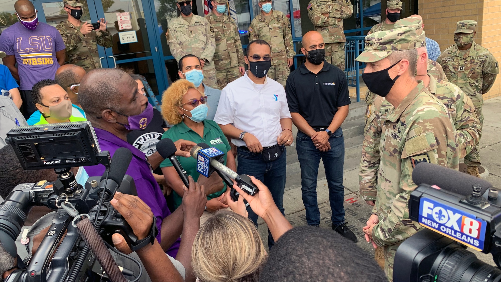 Army Gen. Daniel Hokanson, chief, National Guard Bureau, talks with community leaders during a visit to assess the Hurricane Ida response and thank troops in New Orleans Sept. 7, 2021. This image was acquired using a cellular device.