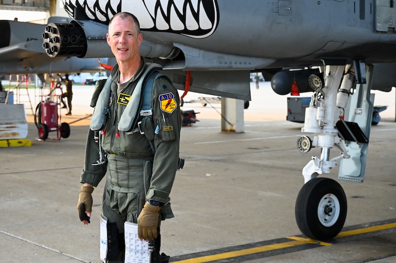 Lt. Col. John “Karl” Marks stands in front of an A-10C Thunderbolt II on Sept. 1, 2021 at Whiteman AFB, Mo. Marks reached a historic 7,000 hours in the A-10C and is the longest flying A-10 pilot to date.