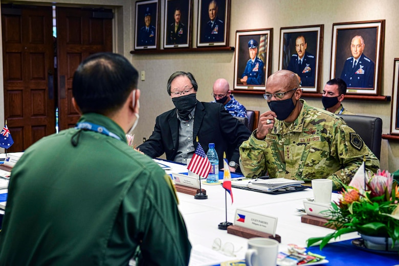Air Force Chief of Staff Gen. CQ Brown, Jr., right, listens to partner nations during the Pacific Air Chiefs Symposium 2021 at Joint Base Pearl Harbor-Hickam, Hawaii, Sept. 1, 2021. Air chiefs from 15 countries participated in PACS- 21, which aims to strengthen alliances and partnerships throughout the region.
