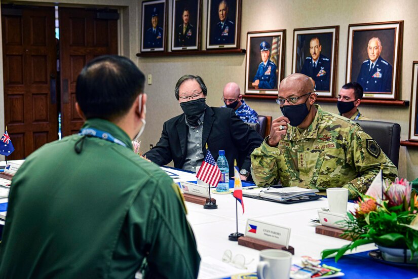 Air Force Chief of Staff Gen. CQ Brown, Jr., right, listens to partner nations during the Pacific Air Chiefs Symposium 2021 at Joint Base Pearl Harbor-Hickam, Hawaii, Sept. 1, 2021. Air chiefs from 15 countries participated in PACS- 21, which aims to strengthen alliances and partnerships throughout the region.