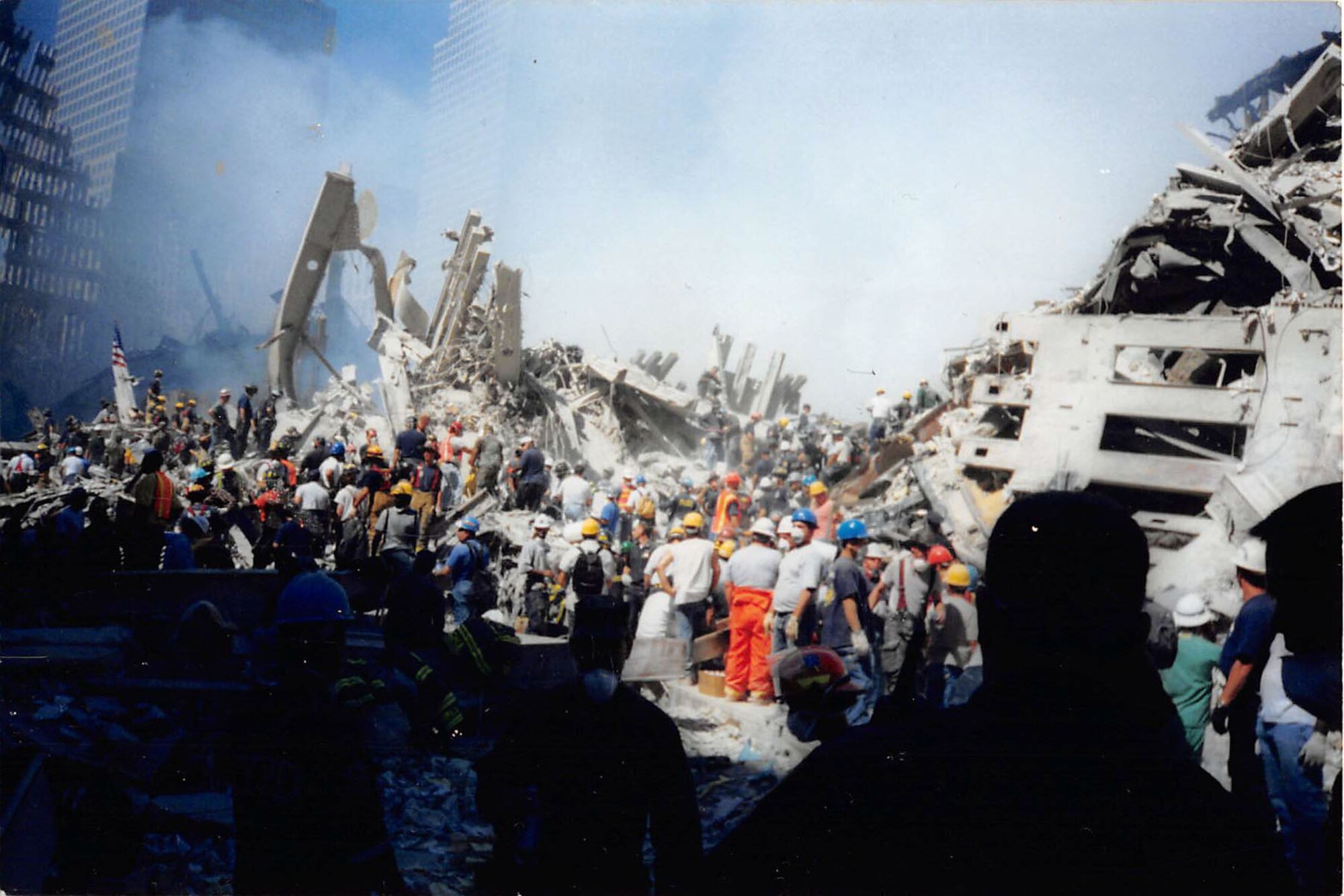 Workers remove rubble from the World Trade Center after the terrorist attack on 9/11.