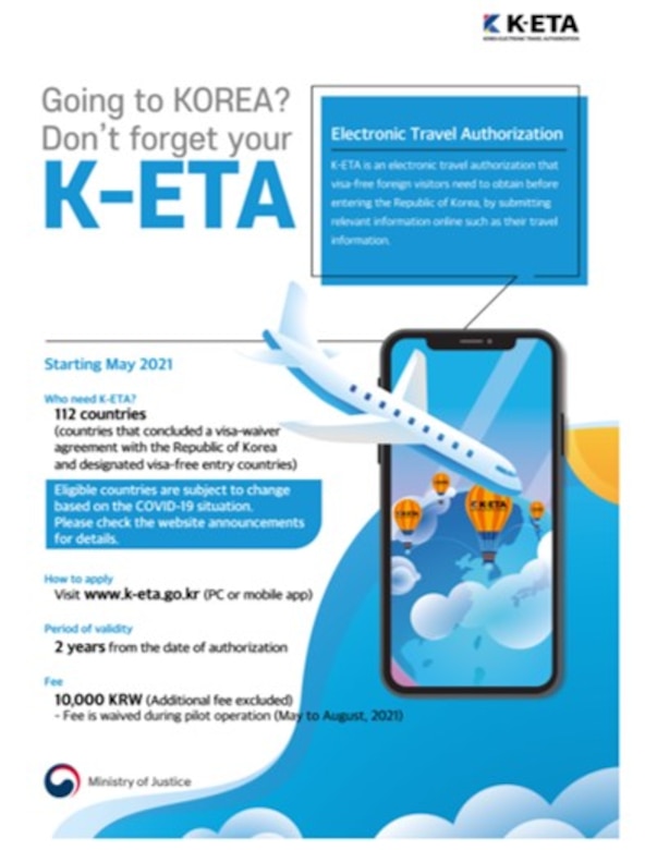 Effective Sept. 1, 2021, all DoD Civilians, Contractors and Family Members, traveling to the Republic of Korea must have a valid visa or an approved Korea - Electronic Travel Authorization (K-ETA) prior to entering the country, unless already in possession of a valid Korean visa.