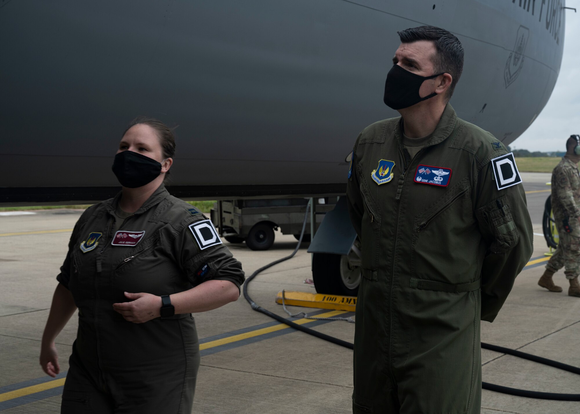 U.S. Air Force Capt. Julianne Germain, 351st Air Refueling Squadron KC-135 Stratotanker pilot, performs a pre-flight inspection with Col. Gene Jacobus, 100th Air Refueling Wing commander at Royal Air Force Mildenhall, England, Sept. 1, 2021. Pre-flight inspections are performed to ensure mission, operational readiness and safety of the crew in order to conduct air refueling and combat support operations throughout the European and African area of responsibility. (U.S. Air Force photo by Airman Alvaro Villagomez)
