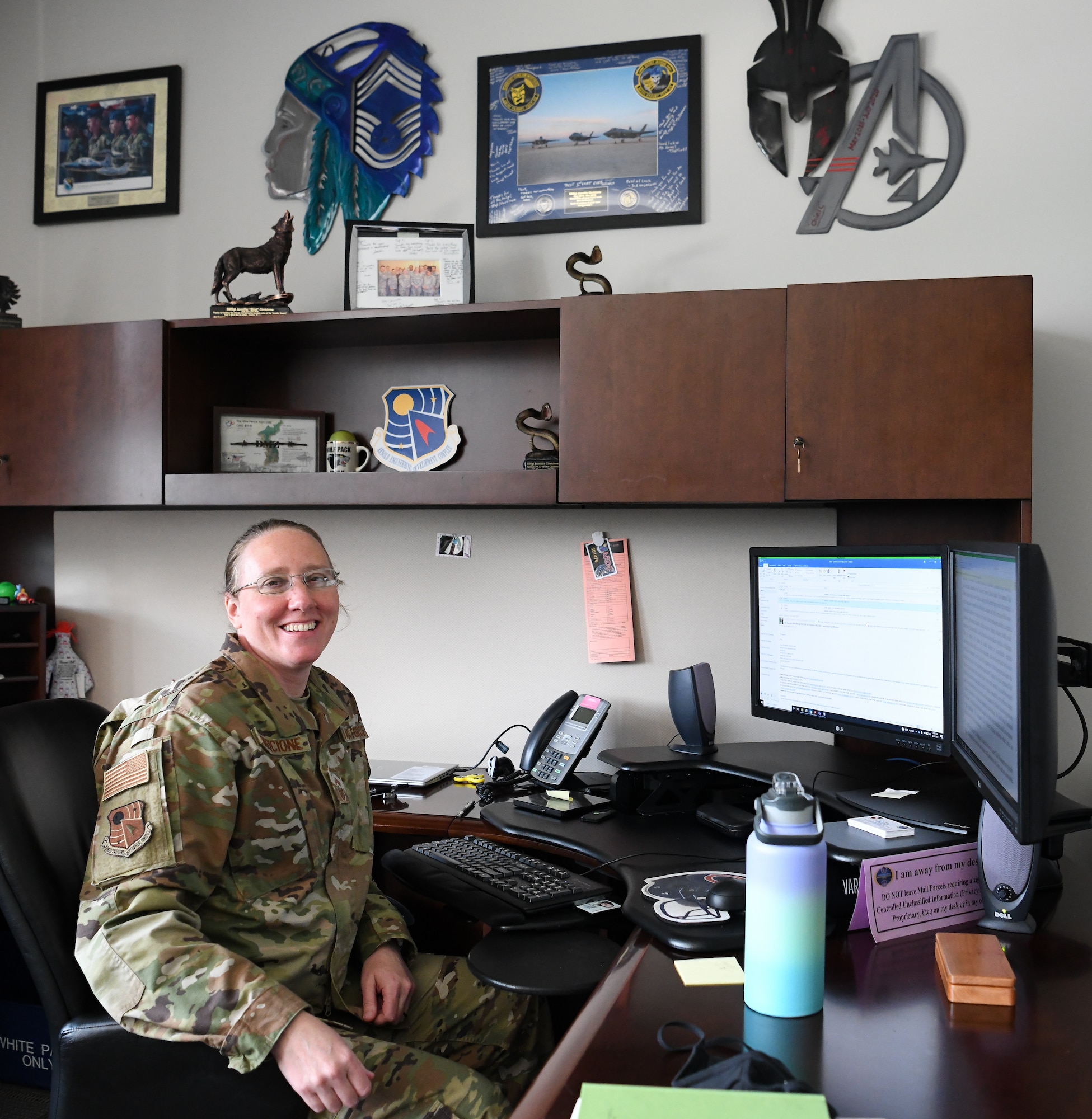 Chief Master Sgt. Jennifer Cirricione, the new Senior Enlisted Leader of Arnold Engineering Development Complex, sits at her desk at Arnold Air Force Base, Tenn., Aug. 25, 2021. (U.S. Air Force photo by Jill Pickett)