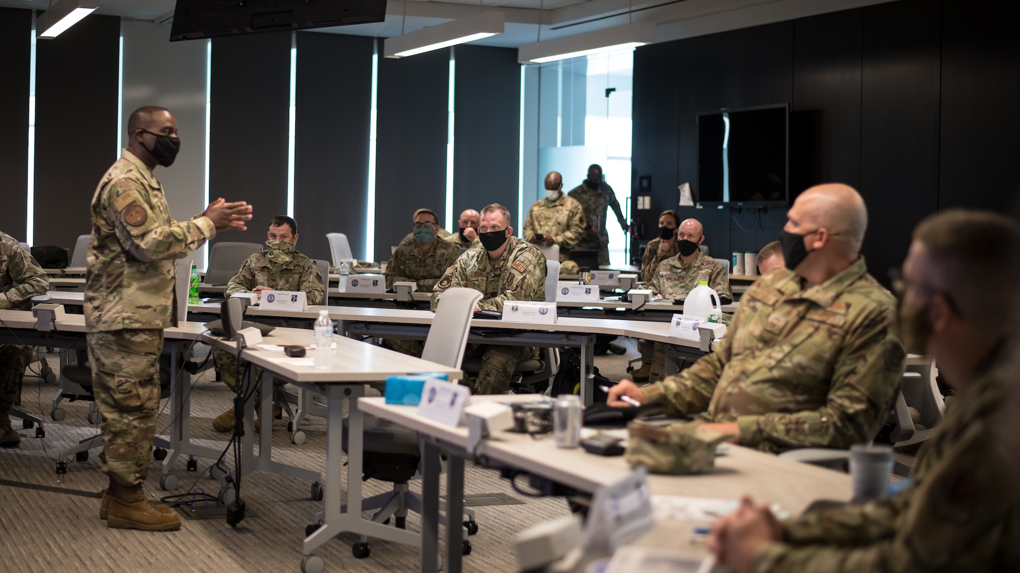 U.S. Air Force Chief Master Sgt. Maurice L. Williams, command chief, Air National Guard, speaks to senior non-commissioned officers during a welcome briefing for the Senior Noncommissioned Officer (SNCO) Enhancement Course at the ANG Readiness Center located at Joint Base Andrews, Maryland, August 31, 2021. The first course of its kind, the SNCO Enhancement Course curriculum is designed to empower and inspire enlisted leaders stationed across the 50 states, three territories and District of Columbia to accelerate force-wide improvements and positive change. (U.S. Air National Guard photo by Tech. Sgt. Morgan R. Whitehouse)