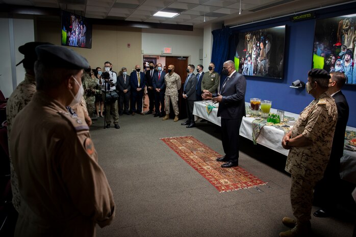 NAVAL SUPPORT ACTIVITY BAHRAIN (Sept. 8, 2021) Secretary of Defense Lloyd Austin addresses U.S. and Bahraini personnel onboard Naval Support Activity Bahrain, Sept. 8. NAVCENT is the U.S. Navy element of U.S. Central Command in the U.S. 5th Fleet area of operations and encompasses about 2.5 million square miles of water area and includes the Arabian Gulf, Gulf of Oman, Red Sea and parts of the Indian Ocean. The expanse is comprised of 21 countries and includes three critical choke points at the Strait of Hormuz, the Suez Canal and the Strait of Bab al Mandeb at the southern tip of Yemen.