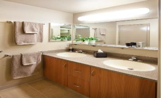 Double sinks in a private restroom.