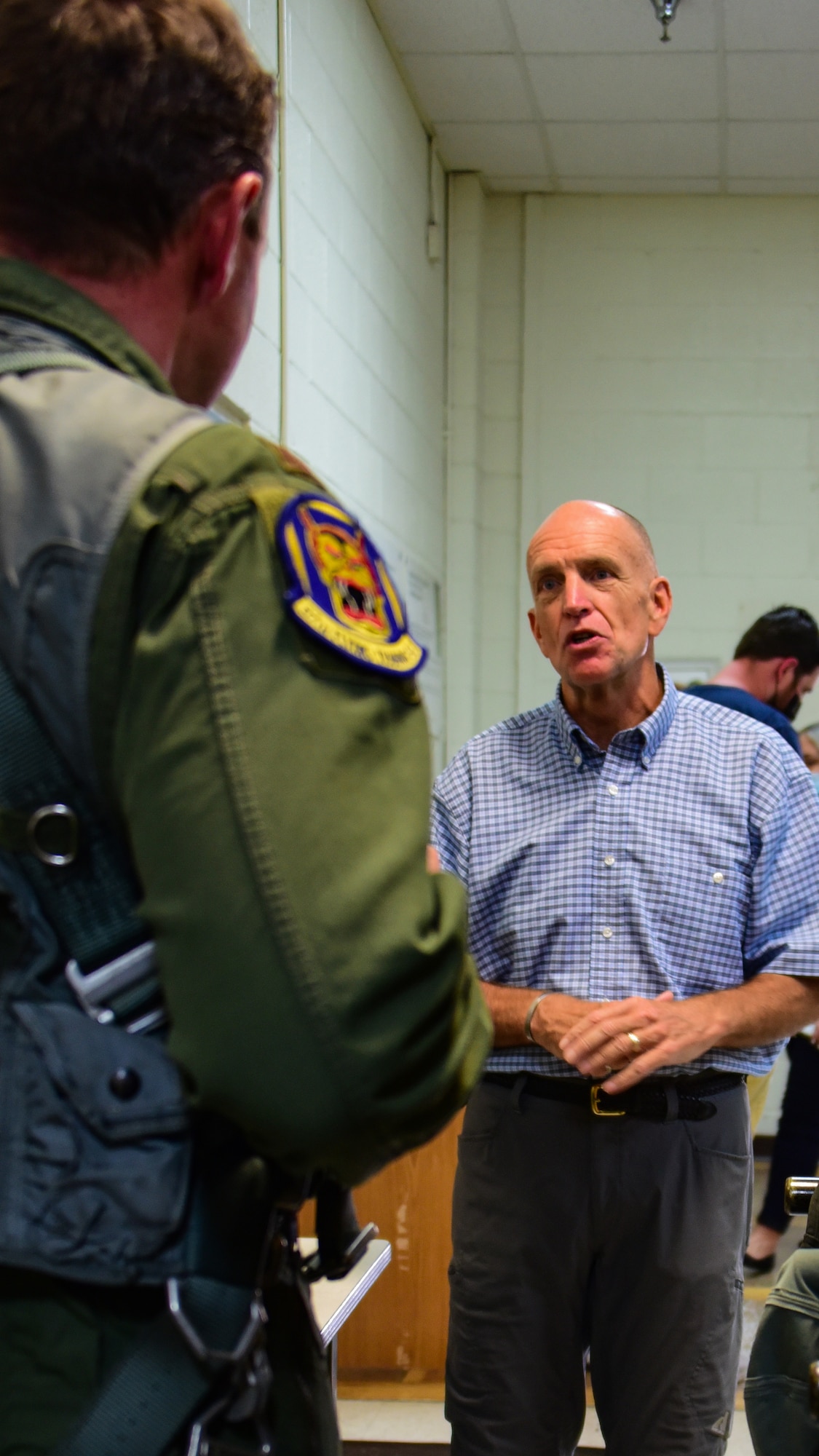 Lt. Gen. Ralph Jodice II (ret.) former 80th Flying Training Wing commander, chats with 97th Flying Training Squadron instructor pilot