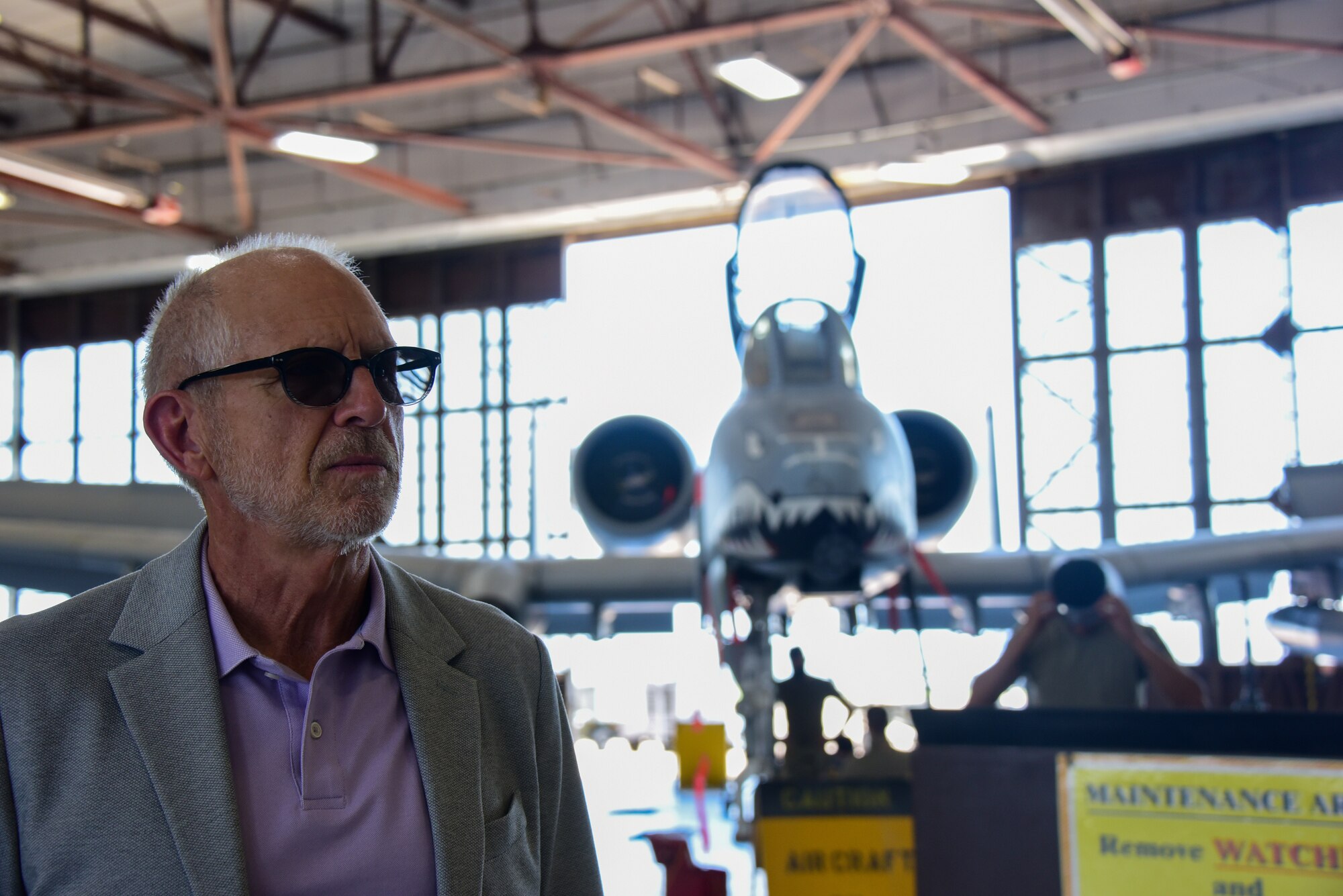 Maj. Gen. Michael Collings (ret.), former 82nd Training Wing commander, visits an aircraft maintenance hangar at Sheppard Air Force Base