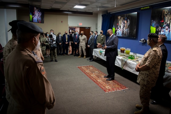 NAVAL SUPPORT ACTIVITY BAHRAIN (Sept. 8, 2021) Secretary of Defense Lloyd Austin addresses U.S. and Bahraini personnel onboard Naval Support Activity Bahrain, Sept. 8. NAVCENT is the U.S. Navy element of U.S. Central Command in the U.S. 5th Fleet area of operations and encompasses about 2.5 million square miles of water area and includes the Arabian Gulf, Gulf of Oman, Red Sea and parts of the Indian Ocean. The expanse is comprised of 21 countries and includes three critical choke points at the Strait of Hormuz, the Suez Canal and the Strait of Bab al Mandeb at the southern tip of Yemen.