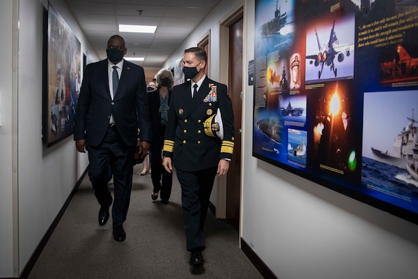 NAVAL SUPPORT ACTIVITY BAHRAIN (Sept. 8, 2021) Secretary of Defense Lloyd Austin, left, U.S. Embassy to Bahrain charge d’affaires Maggie Nardi, and Vice Adm. Brad Cooper, commander of U.S. Naval Forces Central Command (NAVCENT), U.S. 5th Fleet, and Combined Maritime Forces, tour the NAVCENT headquarters on board Naval Support Activity Bahrain, Sept. 8. Naval Support Activity Bahrain, Sept. 8. NAVCENT is the U.S. Navy element of U.S. Central Command in the U.S. 5th Fleet area of operations and encompasses about 2.5 million square miles of water area and includes the Arabian Gulf, Gulf of Oman, Red Sea and parts of the Indian Ocean. The expanse is comprised of 21 countries and includes three critical choke points at the Strait of Hormuz, the Suez Canal and the Strait of Bab al Mandeb at the southern tip of Yemen.