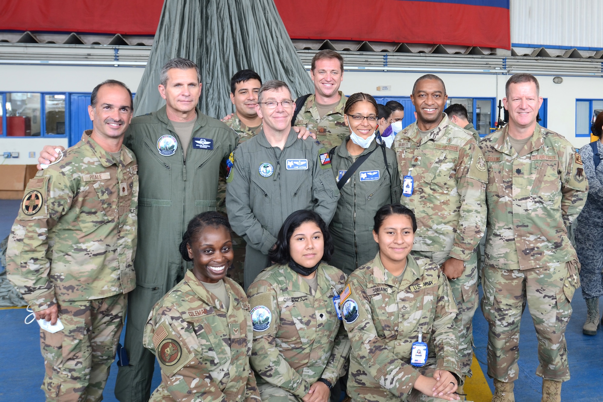 Doctors and med techs from the South Carolina Air National Guard’s 169th Medical Group plus medics from the South Carolina Army National Guard pose with U.S. Air Force Maj. Gen. Barry R. Cornish (second from left), U.S. Air Forces Southern Commander, September 4, 2021. The medical personnel later traveled to the remote town of Tamana, Colombia to participate in a real-word community medical and humanitarian support mission. While there, the medical personnel provided dental, optical, dermatology, pharmacy and general medical care to more than 300 patients. South Carolina Air National Guard and South Carolina Army National Guard medical personnel participate in the regional Ángel de los Andes (Angel of the Andes) and Cooperación VII exercises in Colombia August 30 to September 10, 2021. The exercises provide training opportunities with South Carolina’s state partner Colombia in realistic combat search and rescue missions as well as humanitarian aid and disaster response scenarios such as earthquakes and tsunamis. (U.S. Air National Guard photo by Lt. Col. Jim St.Clair, 169th Fighter Wing Public Affairs)