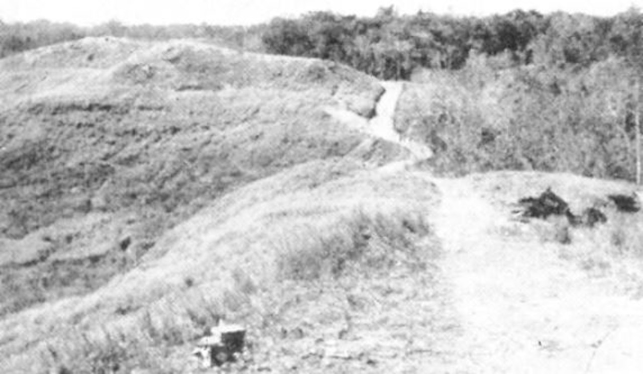 A ridgeline path weaves into jungle territory over a hill.