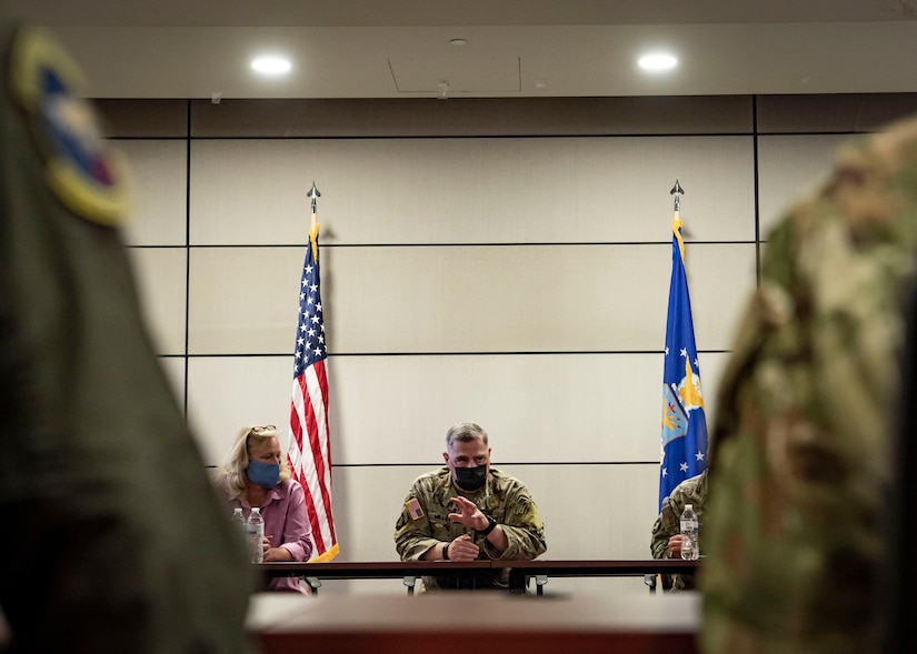Photo of U.S. Army Gen. Mark Milley, the 20th Chairman of the Joint Chiefs of Staff, speaking to Airmen at Joint Base McGuire-Dix-Lakehurst, N.J.