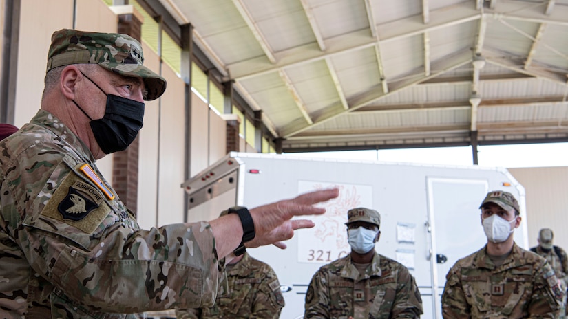 Photo of U.S. Army Gen. Mark Milley, the 20th Chairman of the Joint Chiefs of Staff, speaking Airmen at Joint Base McGuire-Dix-Lakehurst.