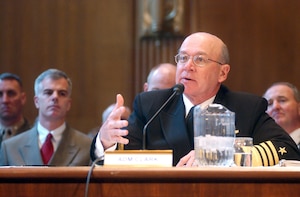 US Navy (USN) Admiral (ADM) Vern Clark, Chief of Naval Operations (CNO), gives testimony to members of the Senate Appropriations Committee at the microphone