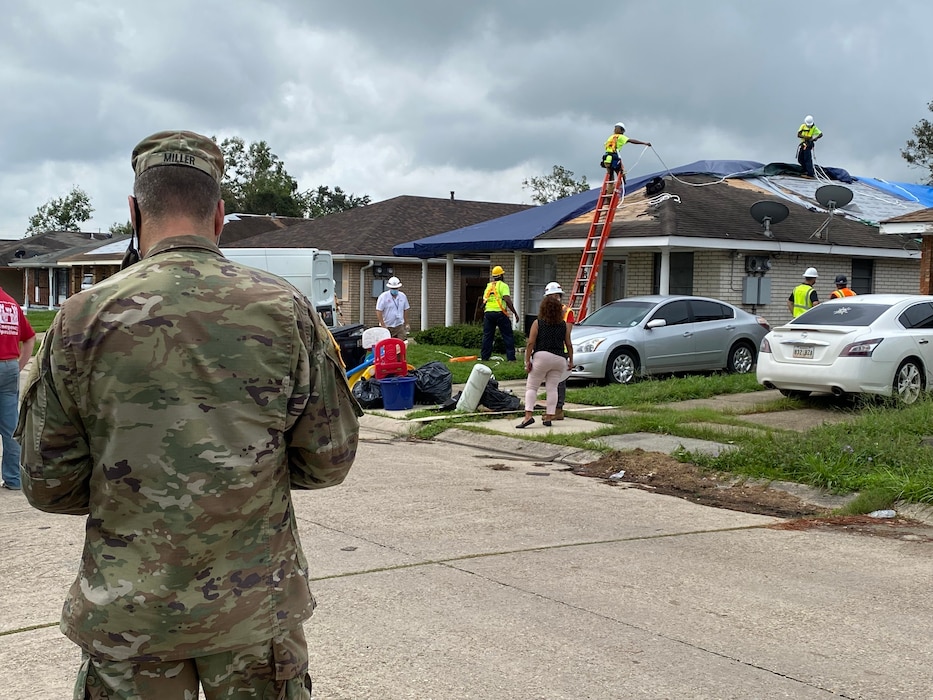 USACE contractors in New Orleans install reinforced plastic sheeting today for the first home to benefit from Operation Blue Roof since Hurricane Ida.